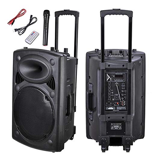 AW 1500W Portable Active PA Speaker w/ Wireless Microphone Guitar AMP Bluetooth USB SD LCD FM Party Show