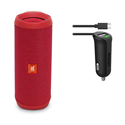 JBL Flip 4 Waterproof Portable Bluetooth Speaker (Red) & Car Charger Bundle