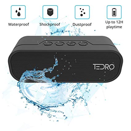 TEDRO NX-4017F Waterproof Bluetooth Portable True Stereo L/R Speaker and Power Bank 4400mAh, 20 Watts Bass Sound with FM Radio, Micro SD Card, AUX – Black, Gift Box
