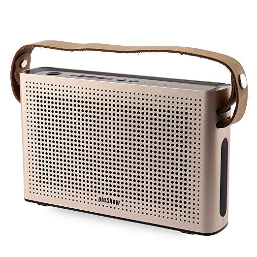 PINSHOW Ultra-portable Bluetooth 4.0 Speaker with Microphone and Aux Function, Hifi Speaker with 10W Enhanced Bass, Dual Channel Stereo, Supported Power Bank, Golden