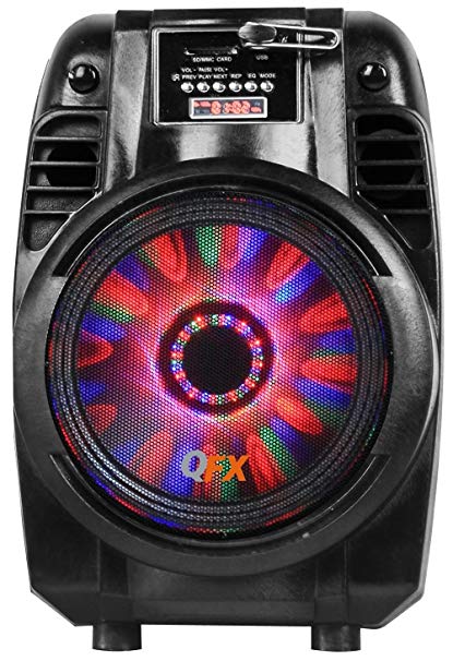 QFX WORLDWIDE VOLTAGE BLUETOOTH Portable Party Tailgater Speaker with LED Moonlight and USB/MIC Inputs, BONUS FREE Remote Control Included